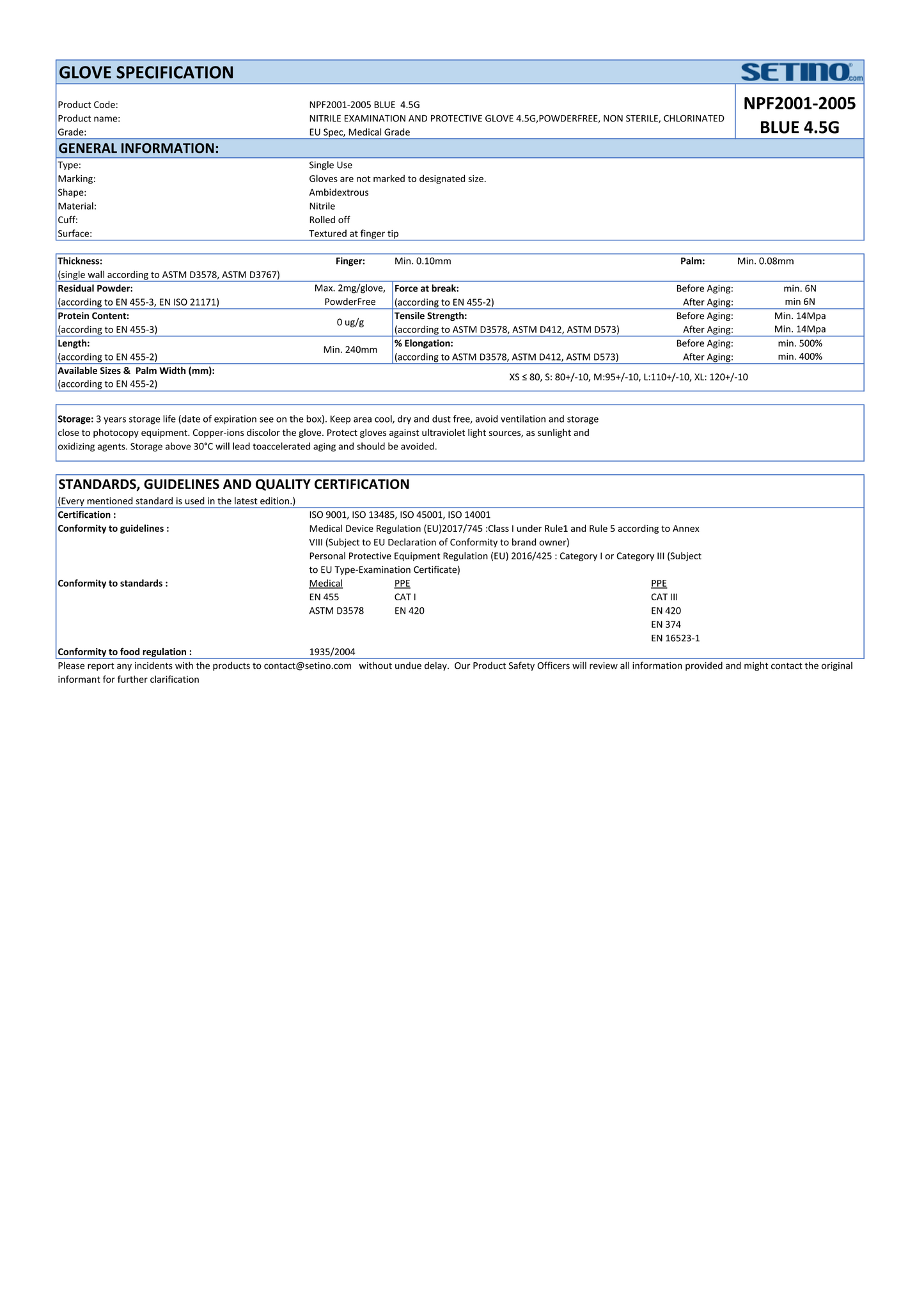 NPF2001-2005 guante de examen y protección de nitrilo sin polvo azul 4,5 gramos