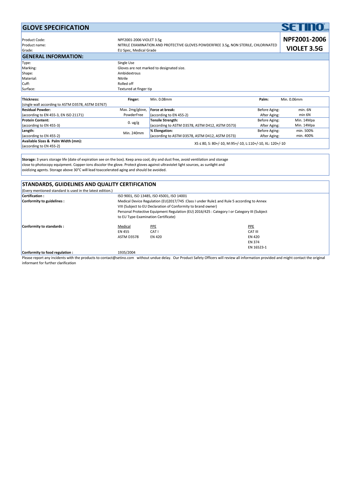 NPF2001-2006 Guante de examen y protección de nitrilo sin polvo violeta 3,5 gramos