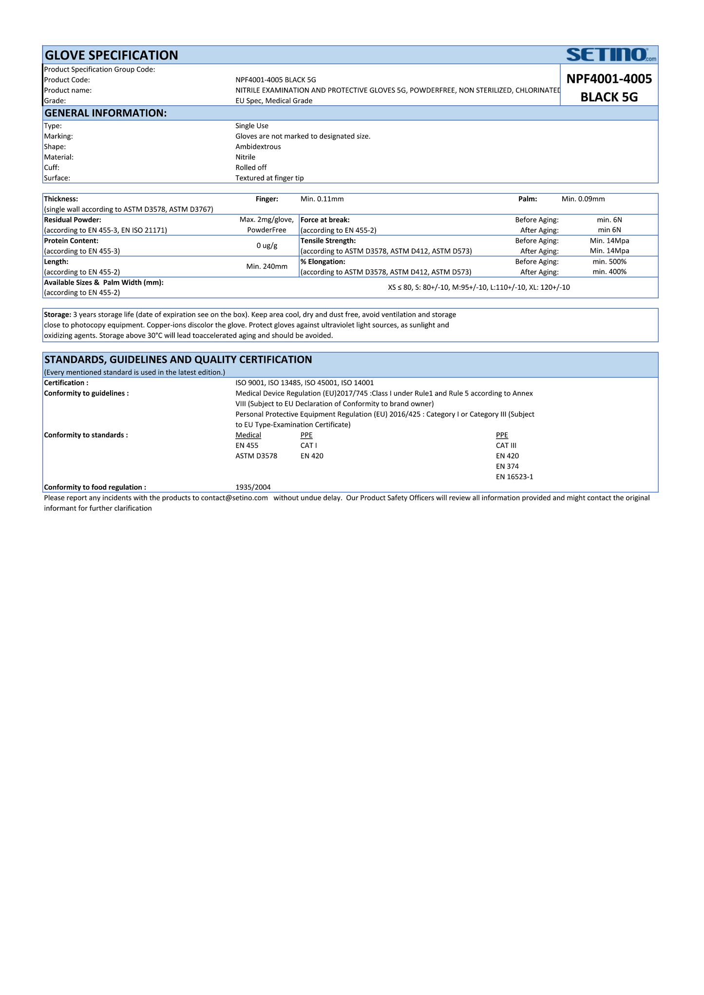 NPF4001-4005 nitriilinen tutkimus- ja suojakäsine jauheeton musta 5 grammaa