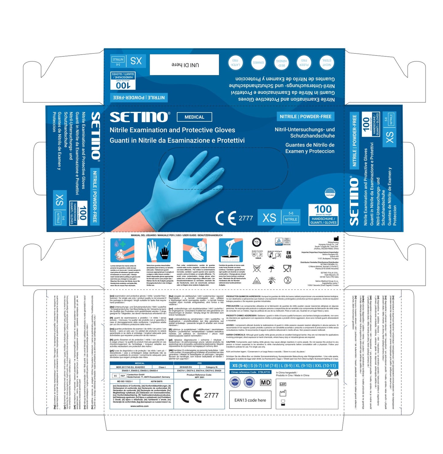 NPF3001-3006 nitrilové vyšetrovacie a ochranné rukavice bez púdru modré 3,5 gramu